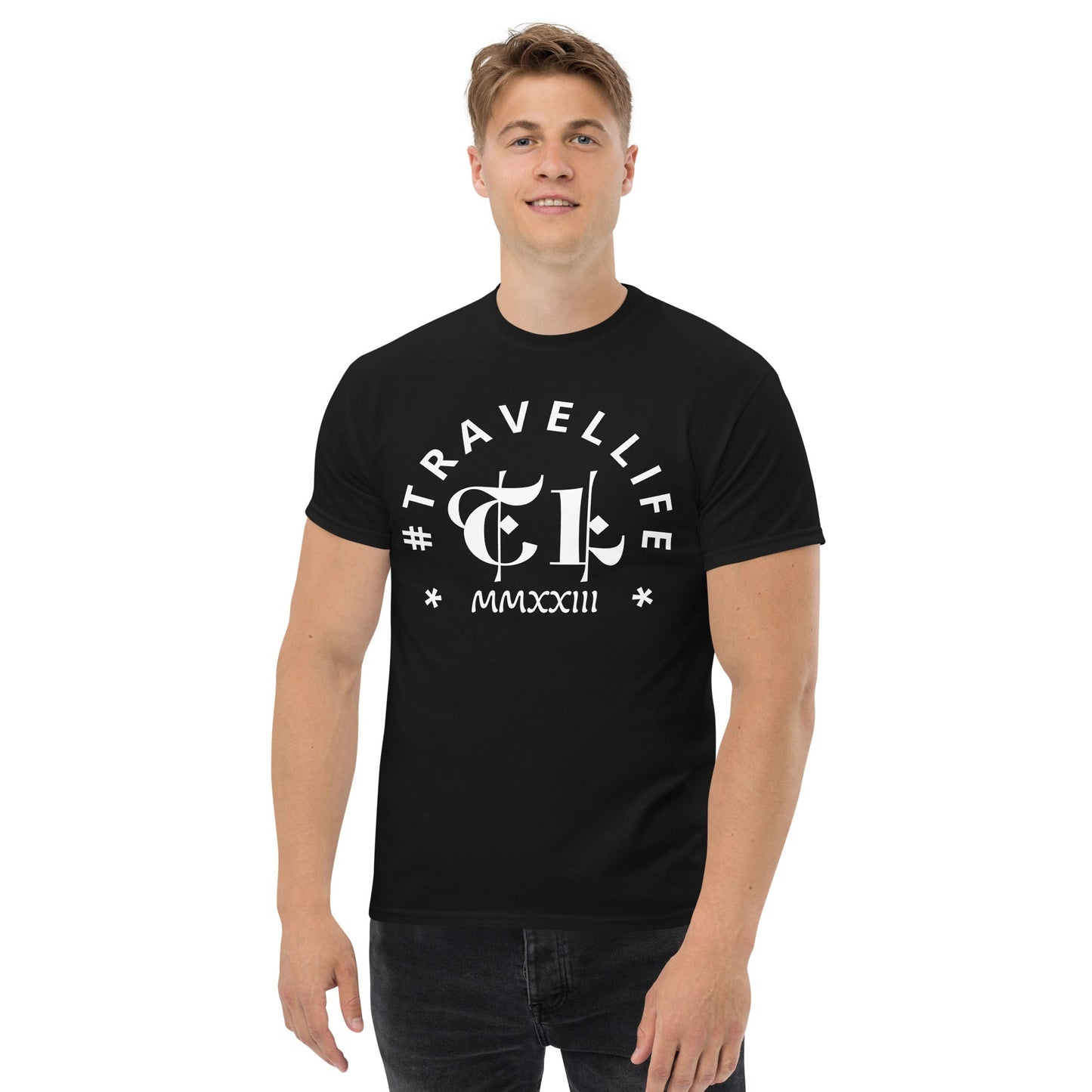 #Travellife Arc TL Logo Roman 2023 Men's Classic Tee White Text 2X+