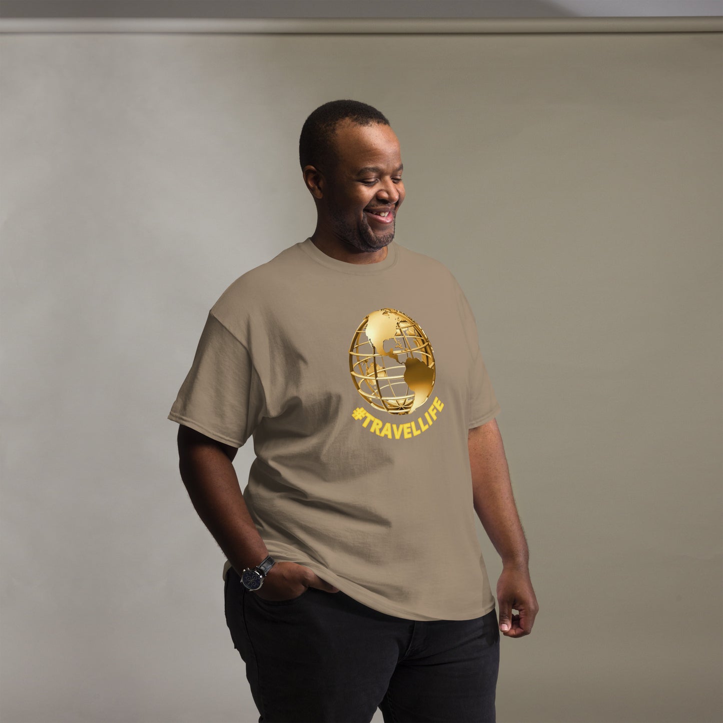#Travellife World Men's Classic Tee Gold Text 2X+
