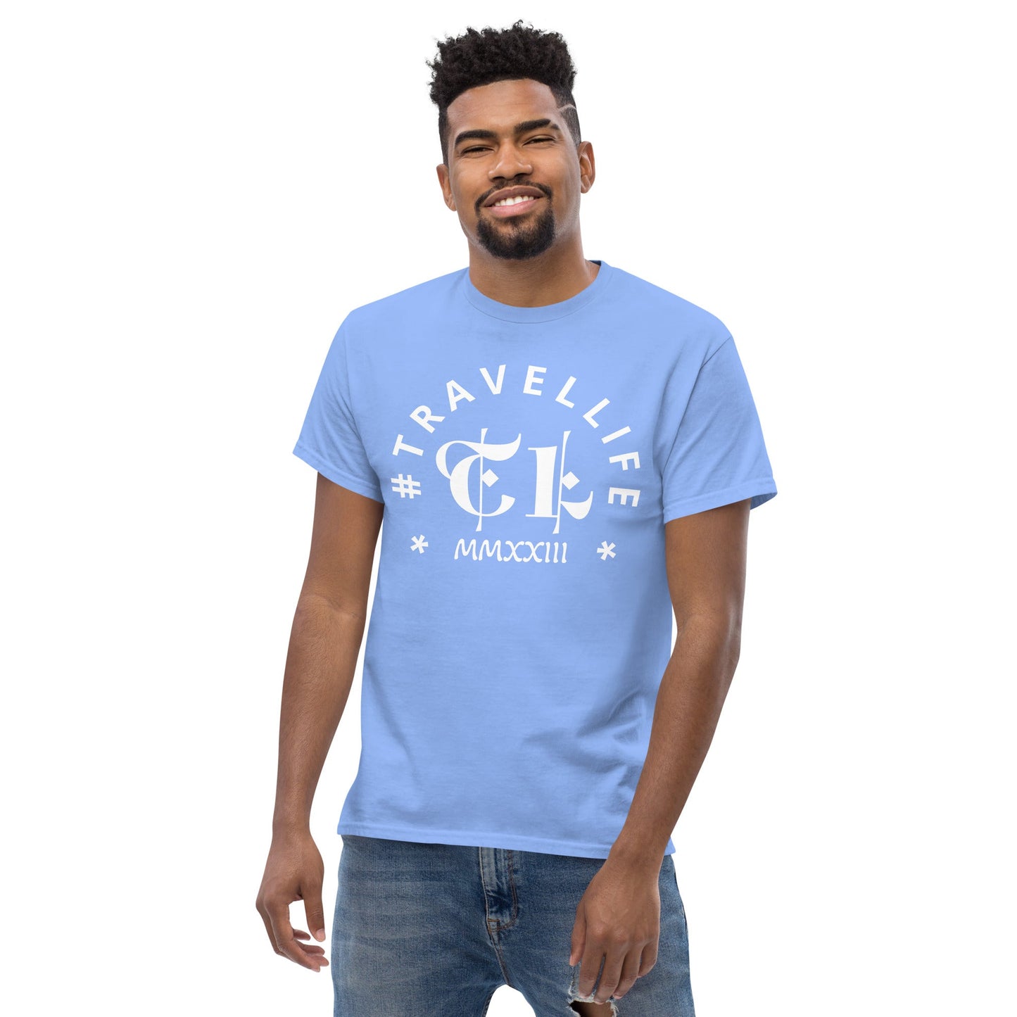 #Travellife Arc TL Logo Roman 2023 Men's Classic Tee White Text 2X+