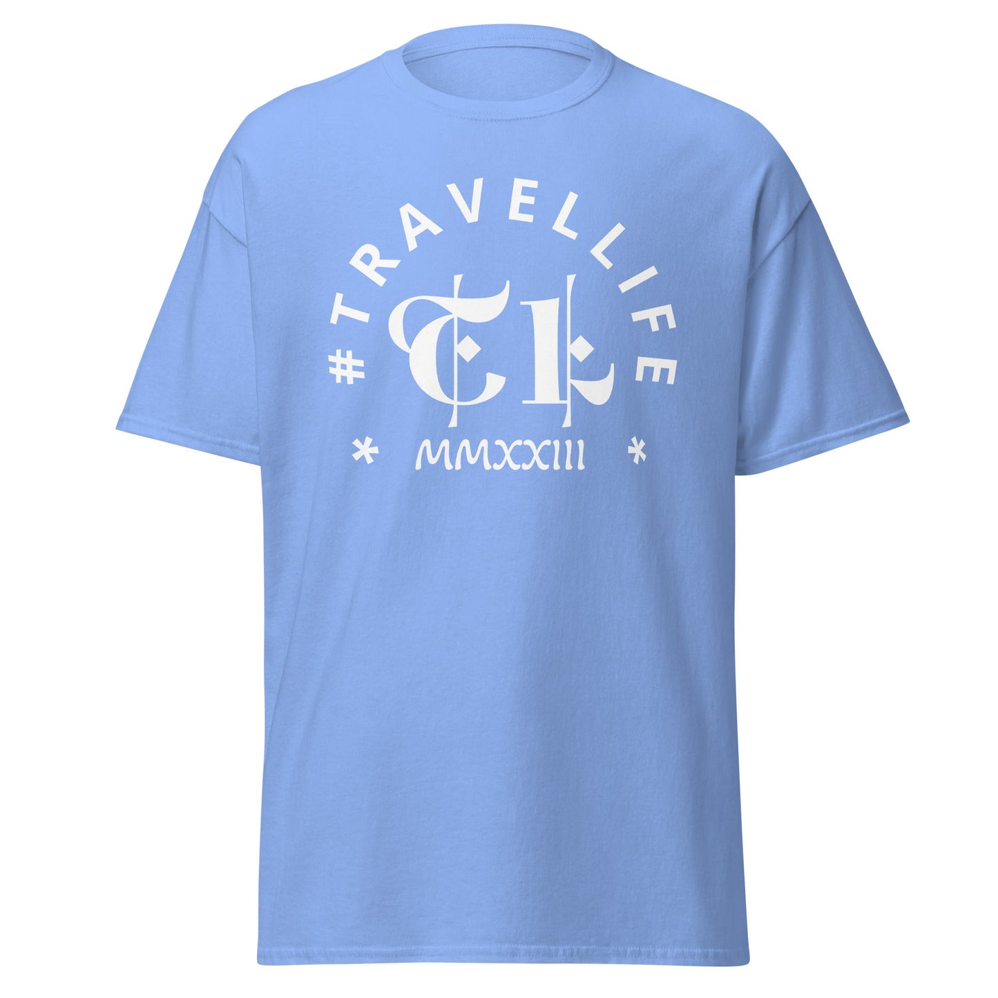 #Travellife Arc TL Logo Roman 2023 Men's Classic Tee White Text 2X+