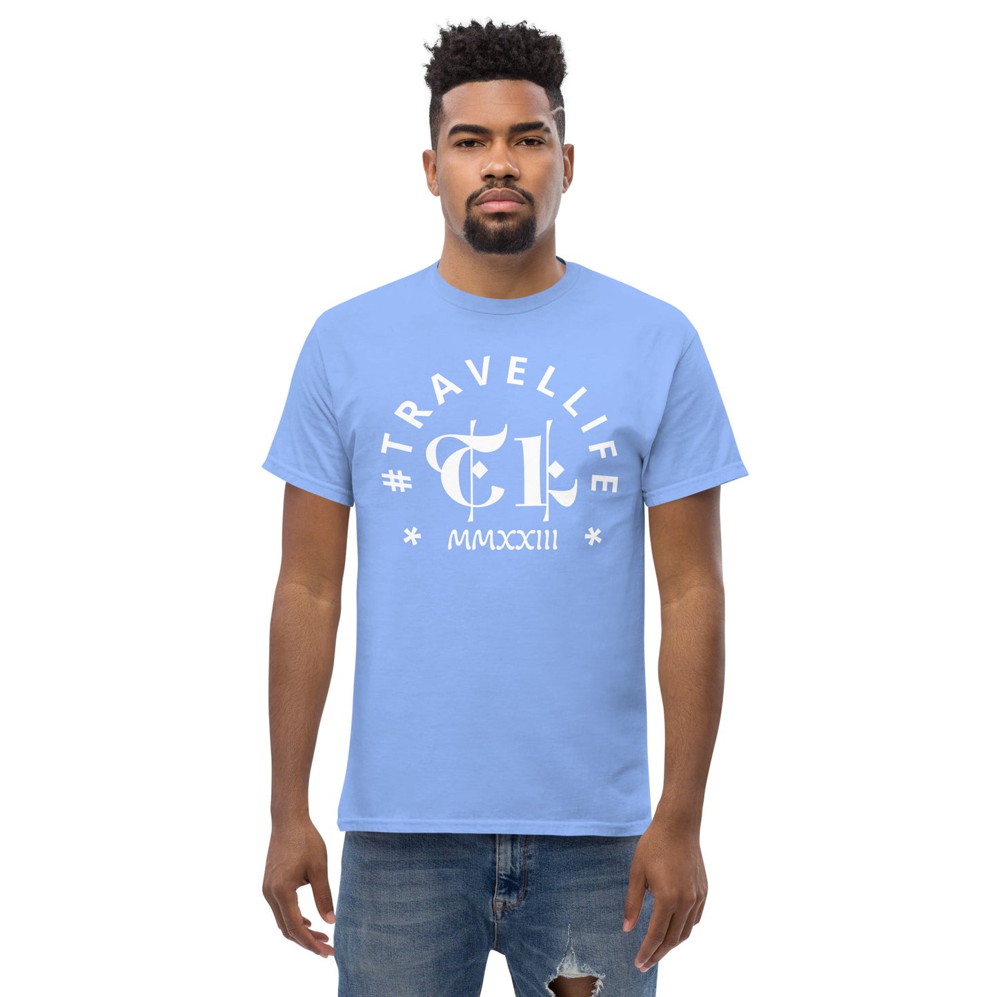 #Travellife Arc TL Logo Roman 2023 Men's Classic Tee White Text 2X+