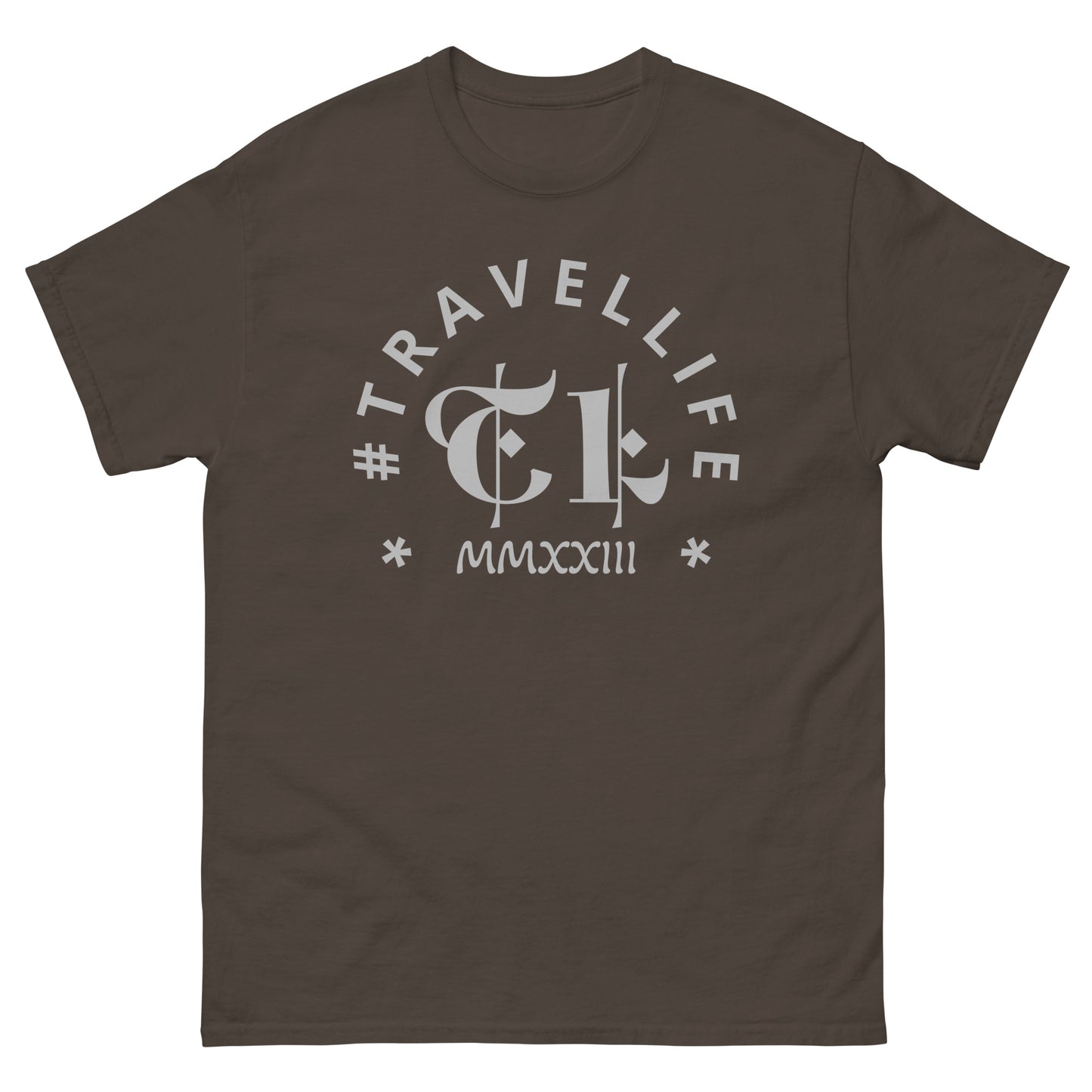 #Travellife Arc TL Logo Roman 2023 Men's Classic Tee Silver Text 2X+