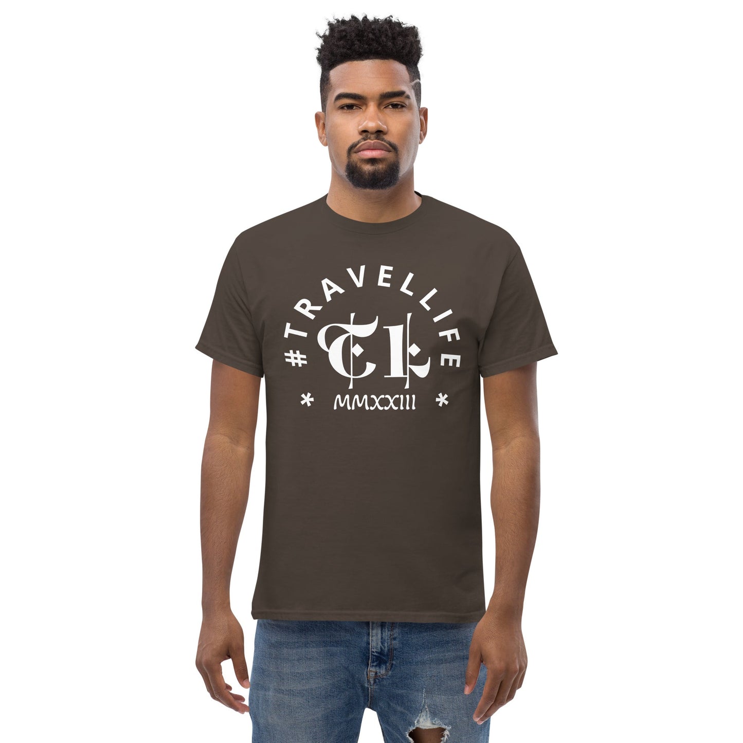 #Travellife Arc TL Logo Roman 2023 Men's Classic Tee White Text 2X+