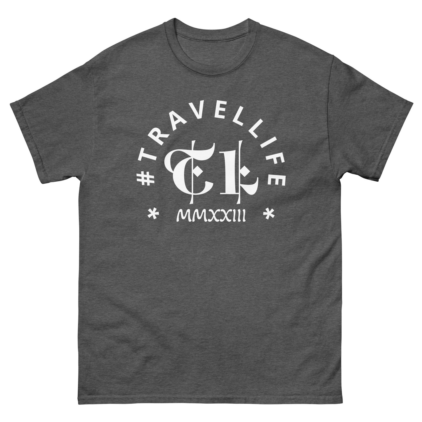 #Travellife Arc TL Logo Roman 2023 Men's Classic Tee White Text 2X+