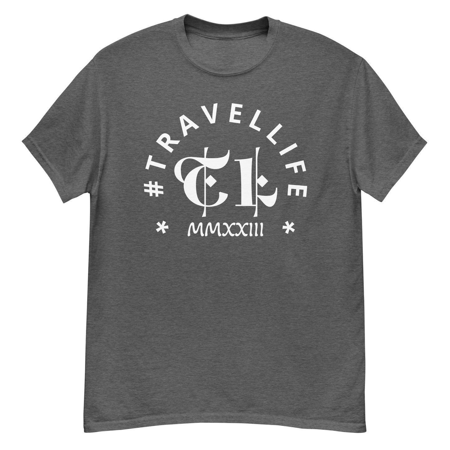 #Travellife Arc TL Logo Roman 2023 Men's Classic Tee White Text 2X+