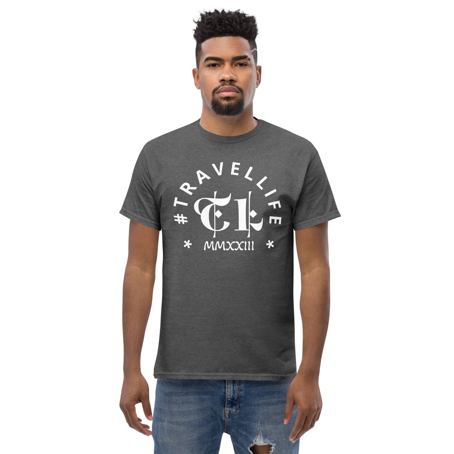 #Travellife Arc TL Logo Roman 2023 Men's Classic Tee White Text 2X+