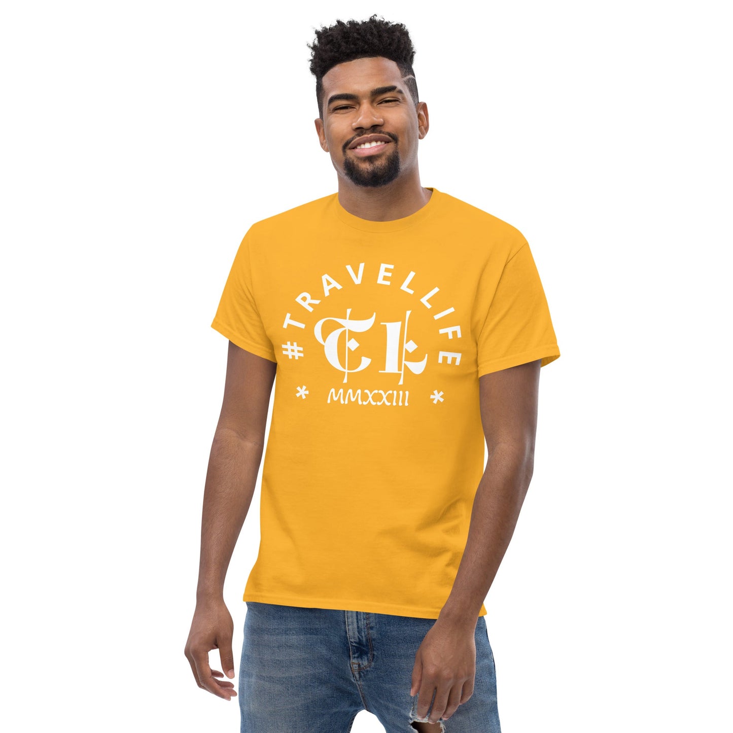 #Travellife Arc TL Logo Roman 2023 Men's Classic Tee White Text 2X+