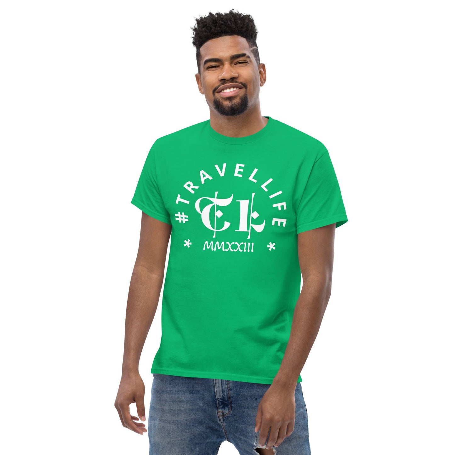 #Travellife Arc TL Logo Roman 2023 Men's Classic Tee White Text 2X+