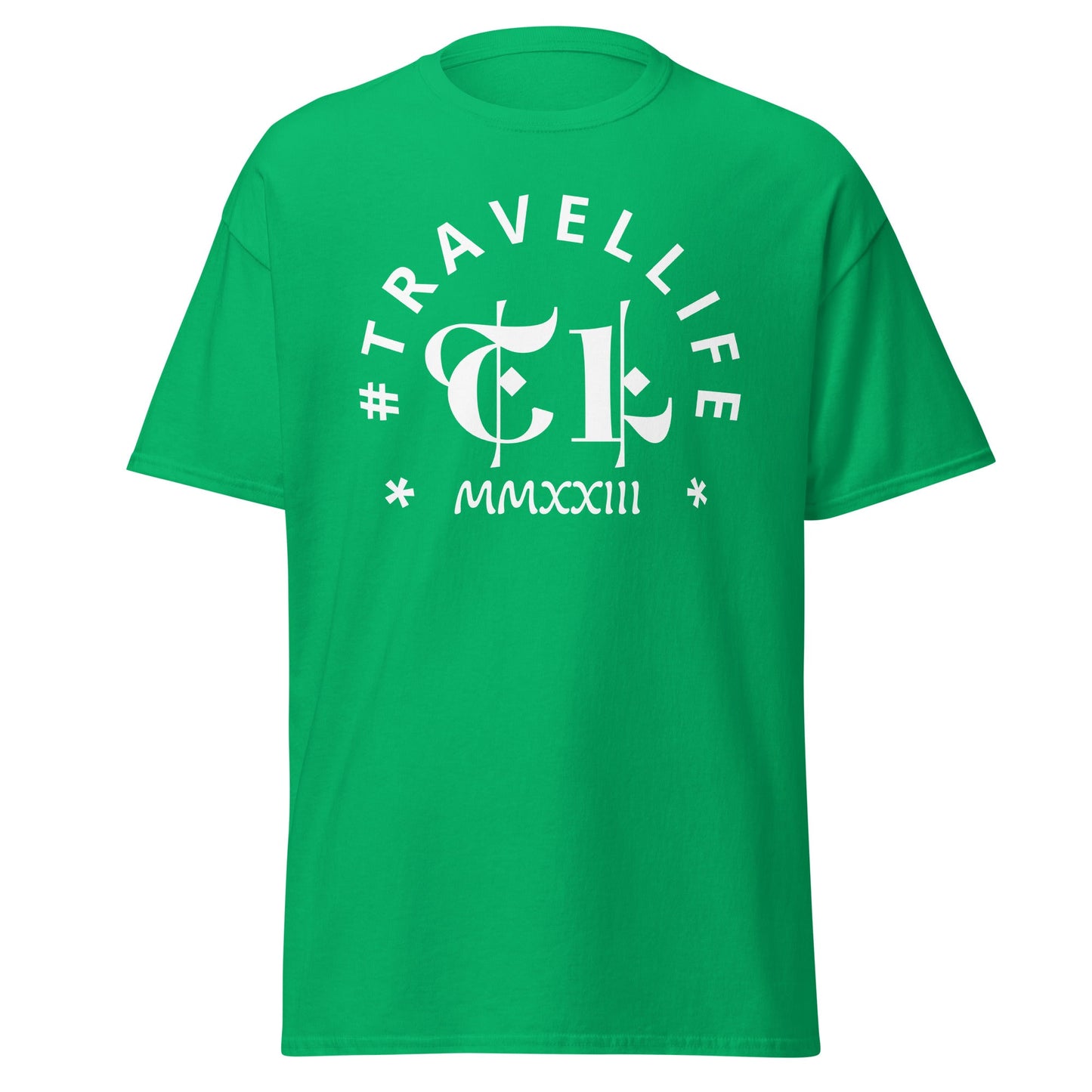 #Travellife Arc TL Logo Roman 2023 Men's Classic Tee White Text 2X+