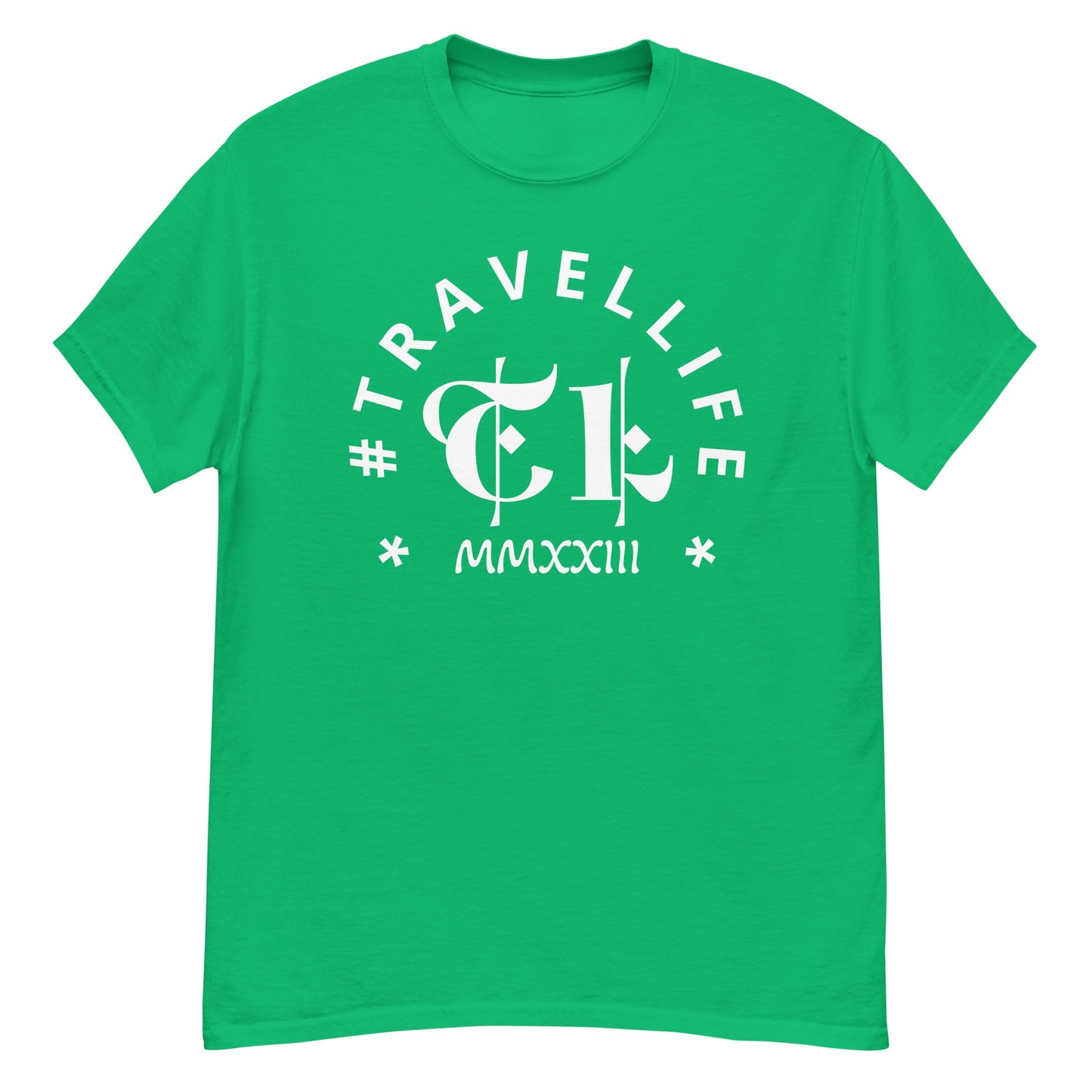 #Travellife Arc TL Logo Roman 2023 Men's Classic Tee White Text 2X+