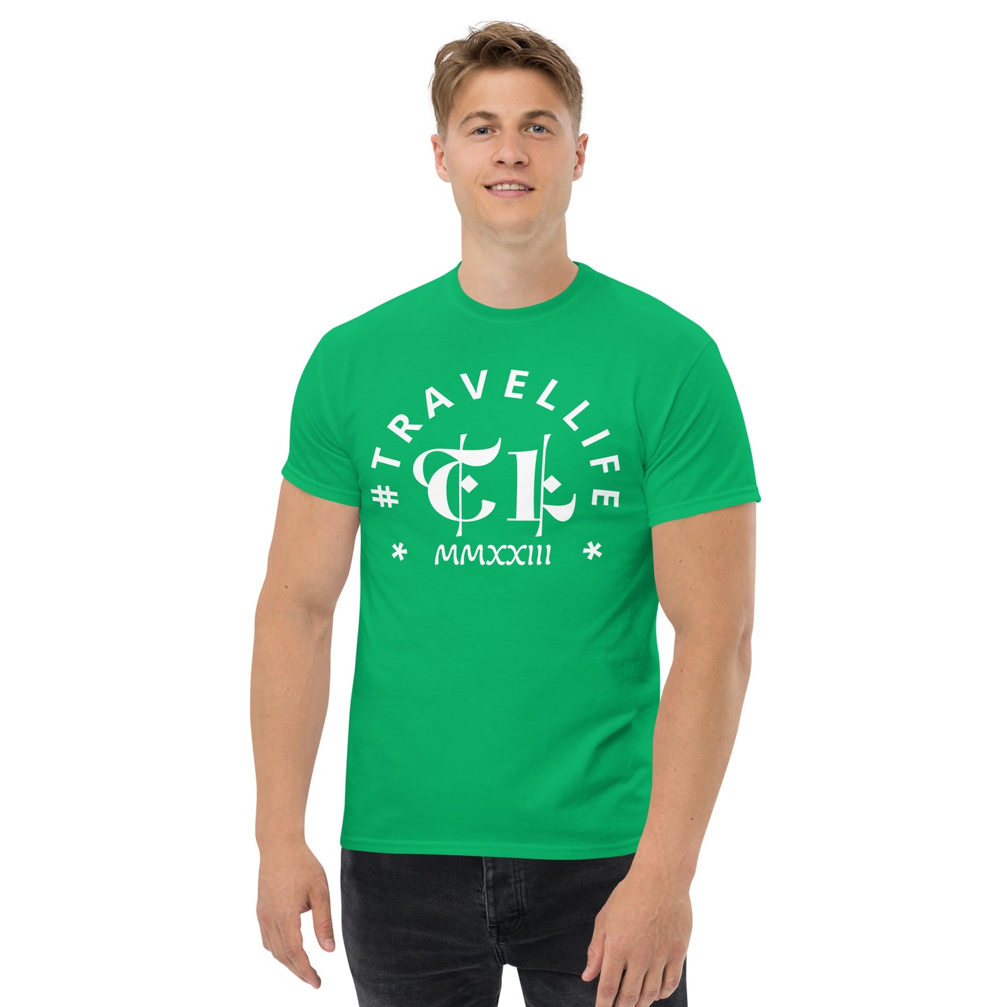 #Travellife Arc TL Logo Roman 2023 Men's Classic Tee White Text