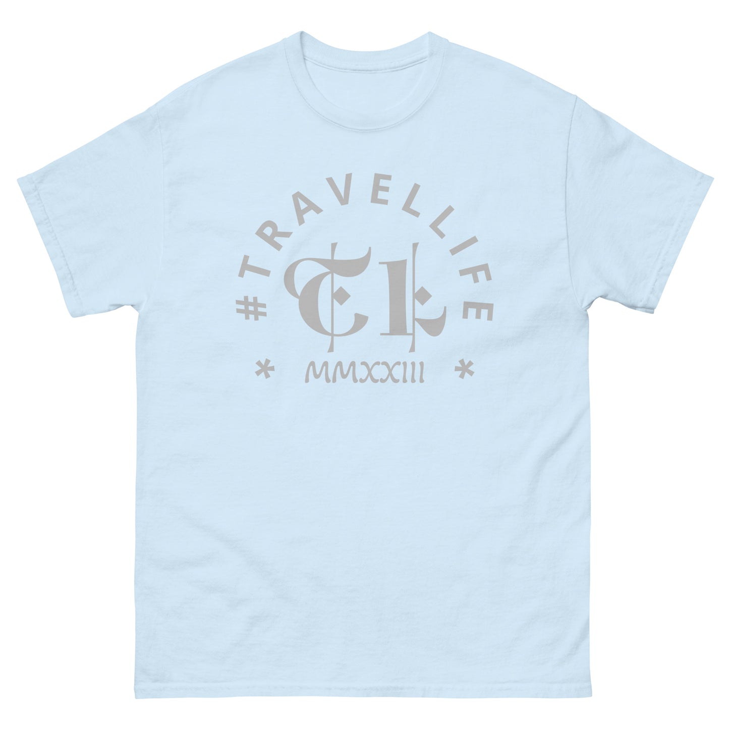 #Travellife Arc TL Logo Roman 2023 Men's Classic Tee Silver Text 2X+