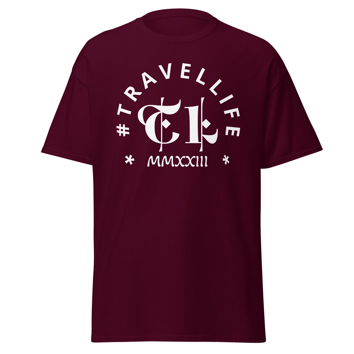 #Travellife Arc TL Logo Roman 2023 Men's Classic Tee White Text 2X+