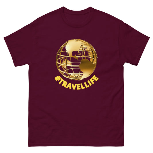 #Travellife World Men's Classic Tee Gold Text