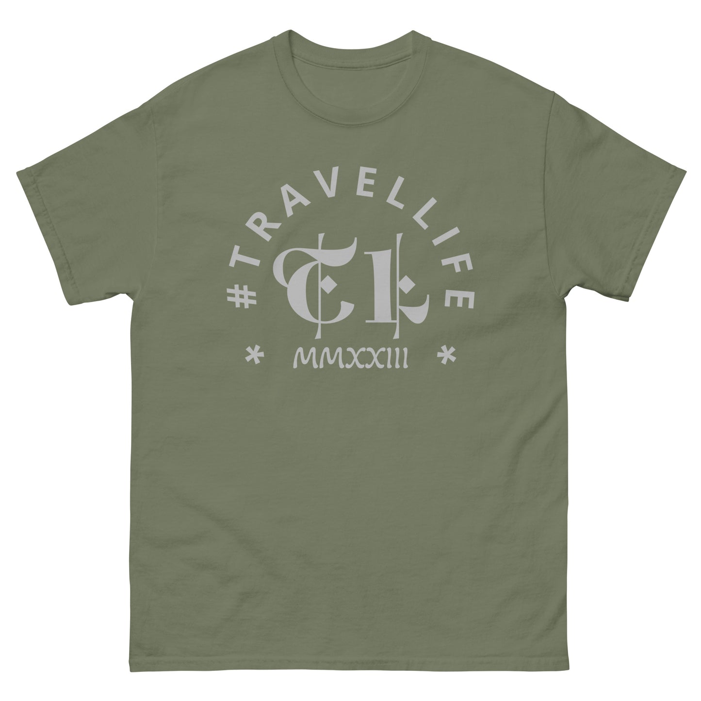 #Travellife Arc TL Logo Roman 2023 Men's Classic Tee Silver Text 2X+