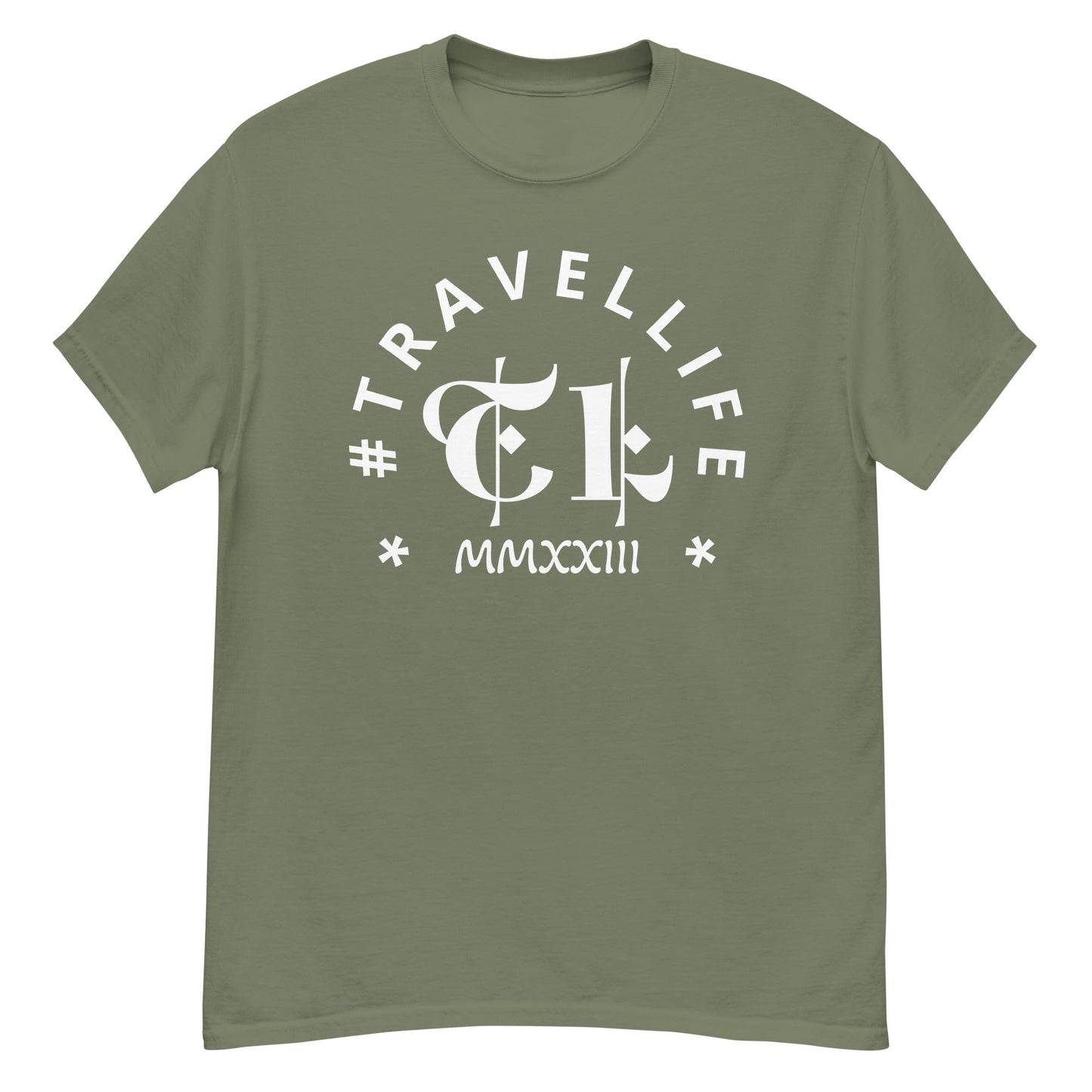 #Travellife Arc TL Logo Roman 2023 Men's Classic Tee White Text 2X+