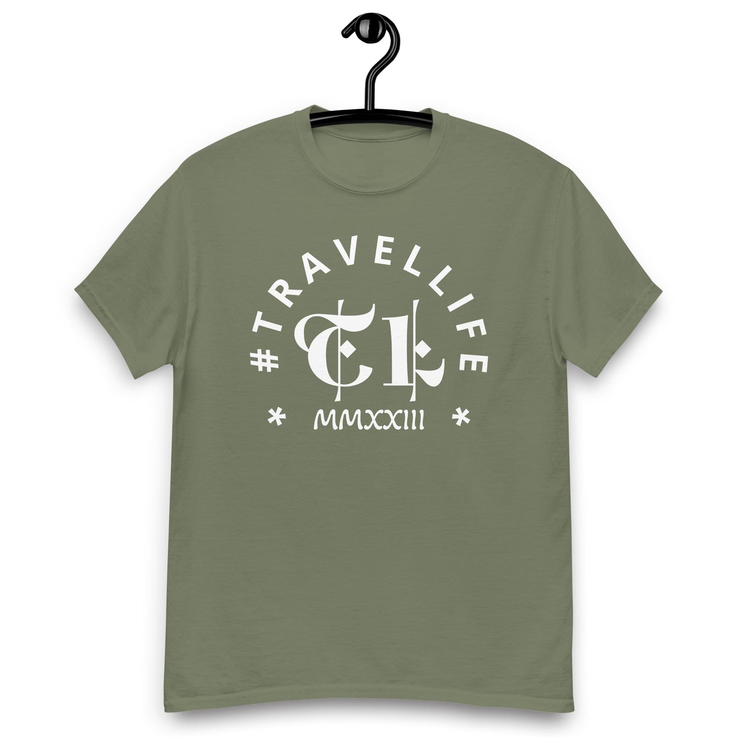 #Travellife Arc TL Logo Roman 2023 Men's Classic Tee White Text 2X+