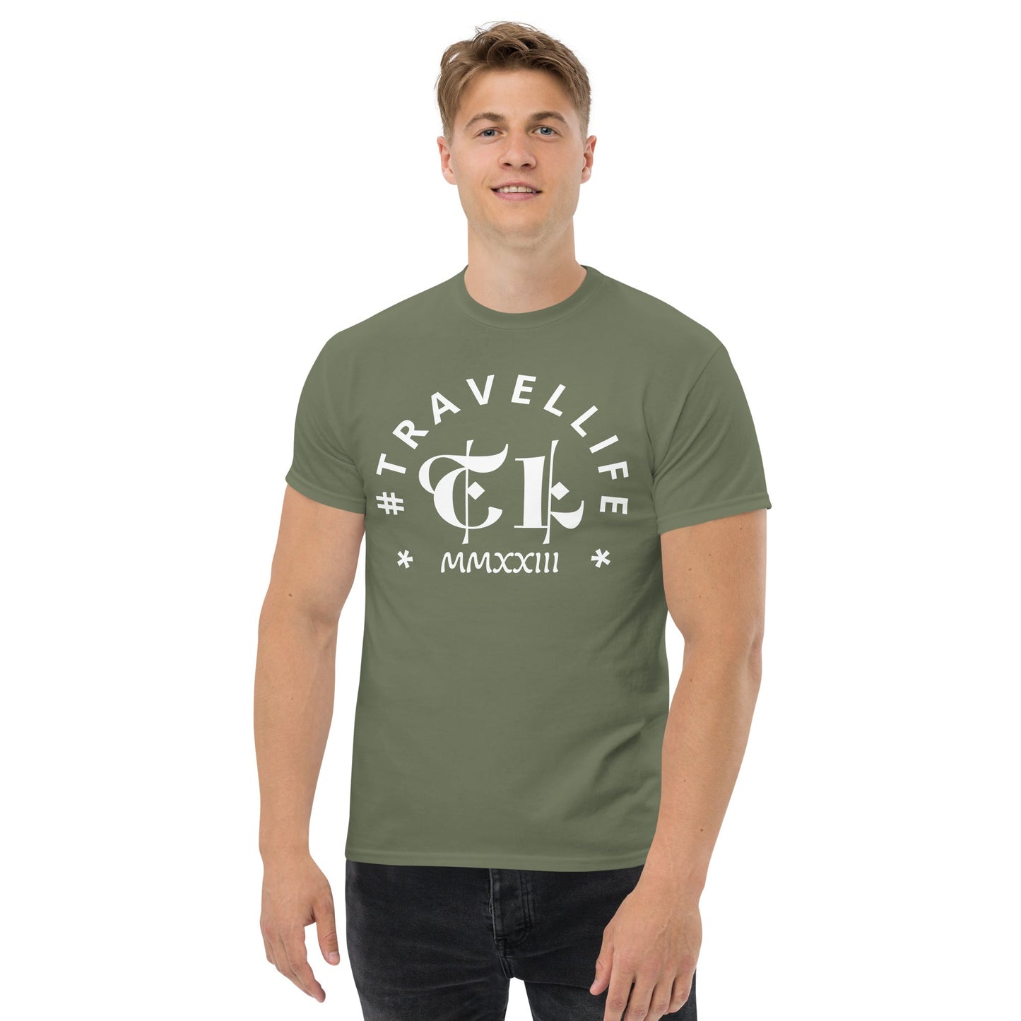 #Travellife Arc TL Logo Roman 2023 Men's Classic Tee White Text 2X+