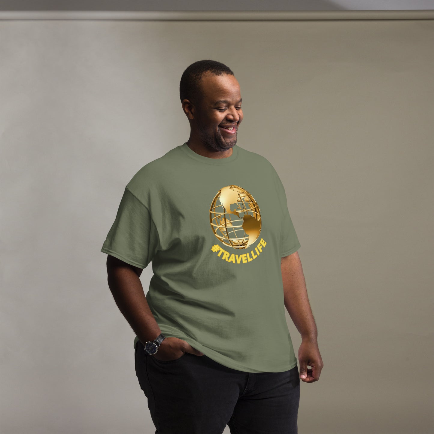 #Travellife World Men's Classic Tee Gold Text 2X+