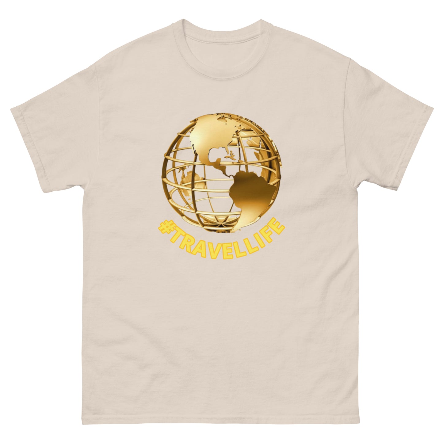 #Travellife World Men's Classic Tee Gold Text