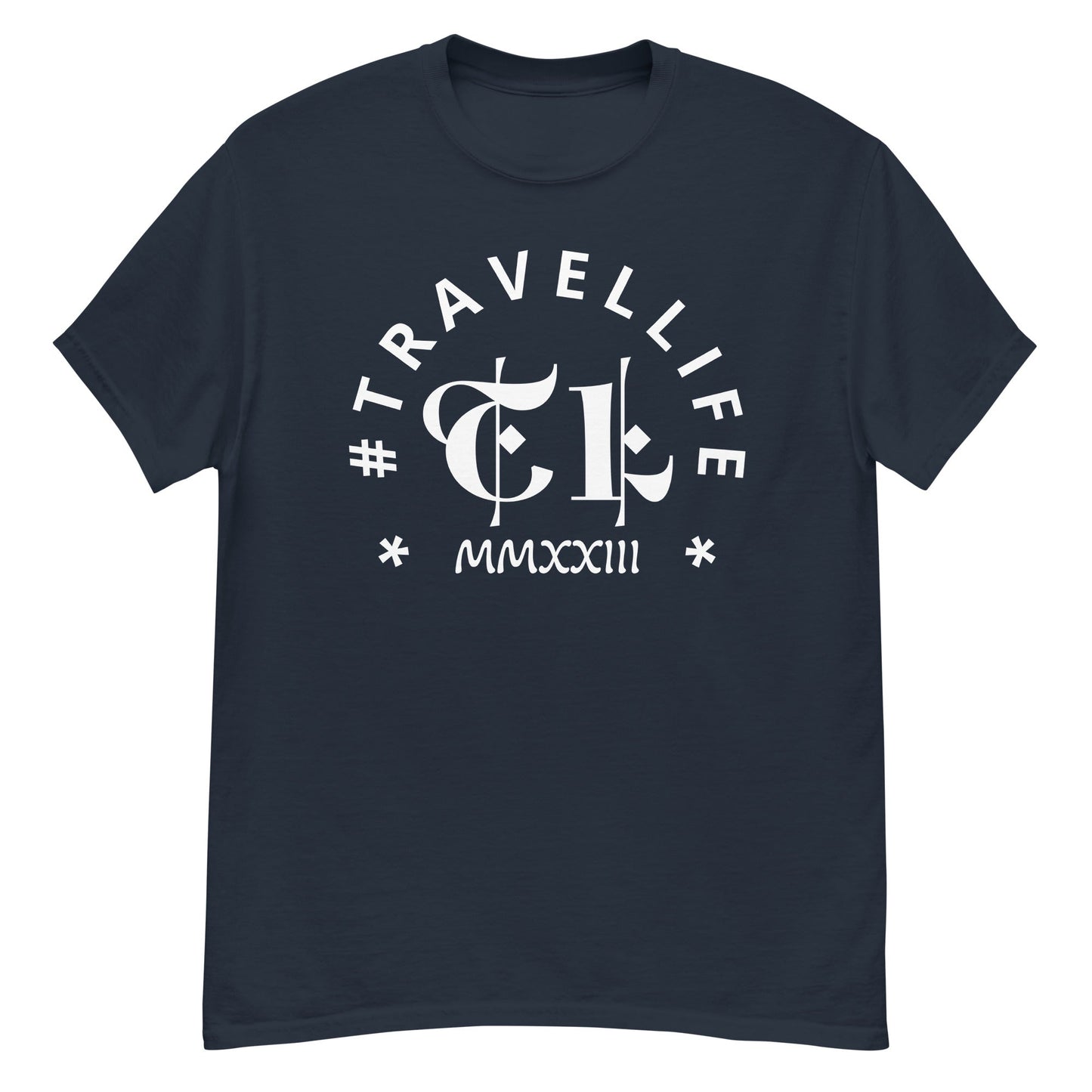 #Travellife Arc TL Logo Roman 2023 Men's Classic Tee White Text 2X+