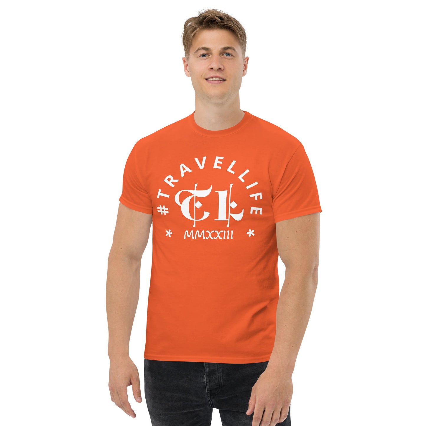 #Travellife Arc TL Logo Roman 2023 Men's Classic Tee White Text 2X+