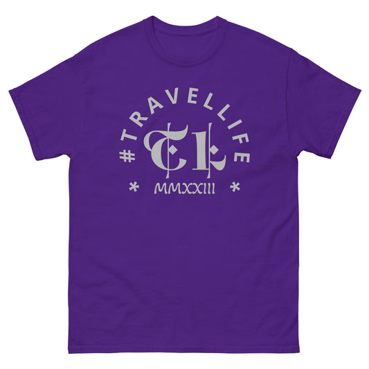 #Travellife Arc TL Logo Roman 2023 Men's Classic Tee Silver Text 2X+