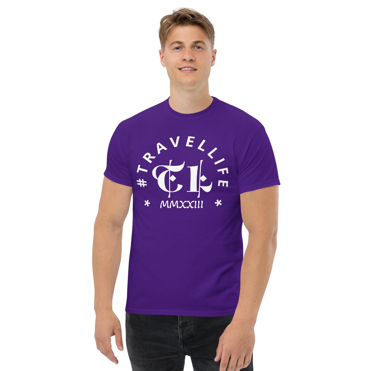 #Travellife Arc TL Logo Roman 2023 Men's Classic Tee White Text 2X+