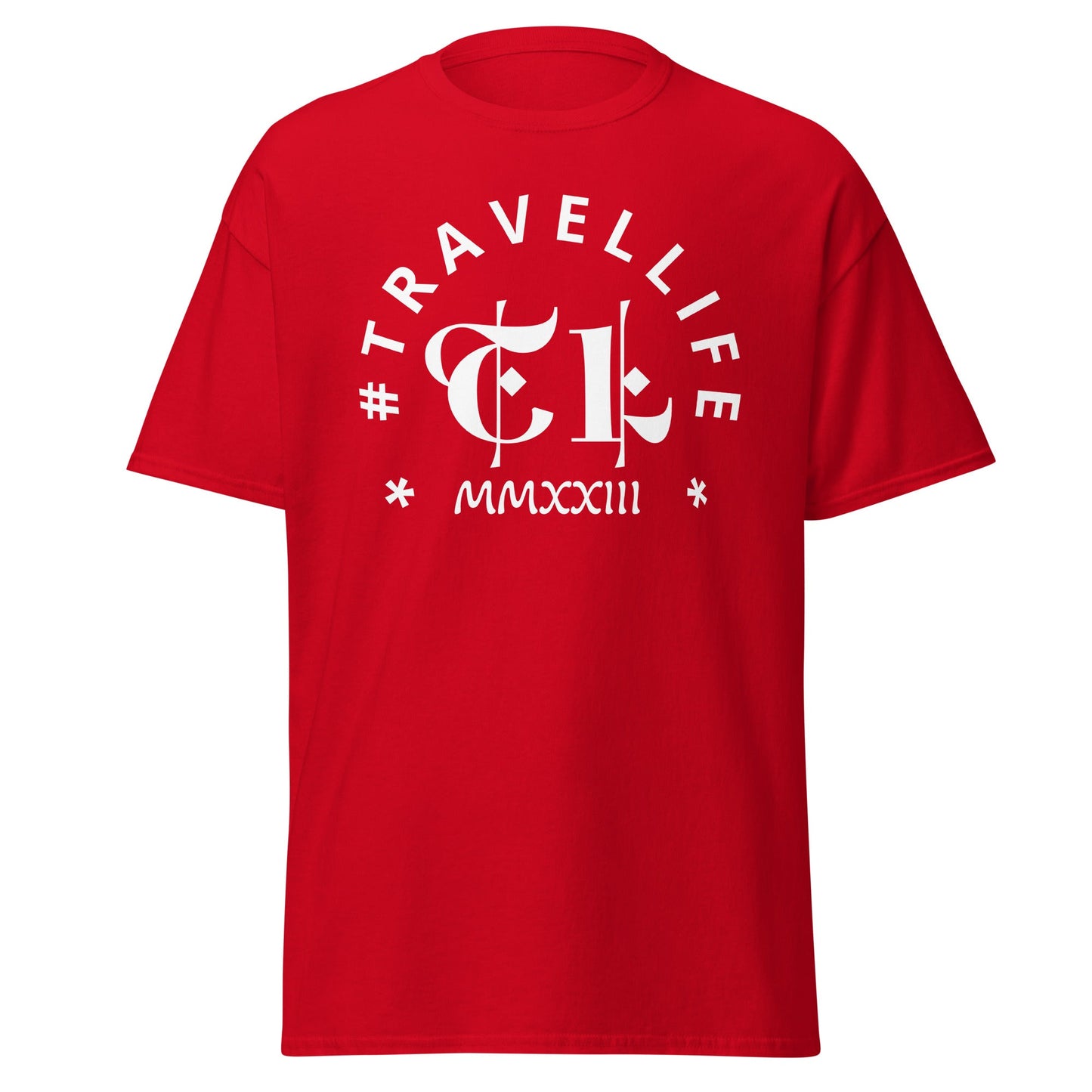 #Travellife Arc TL Logo Roman 2023 Men's Classic Tee White Text 2X+