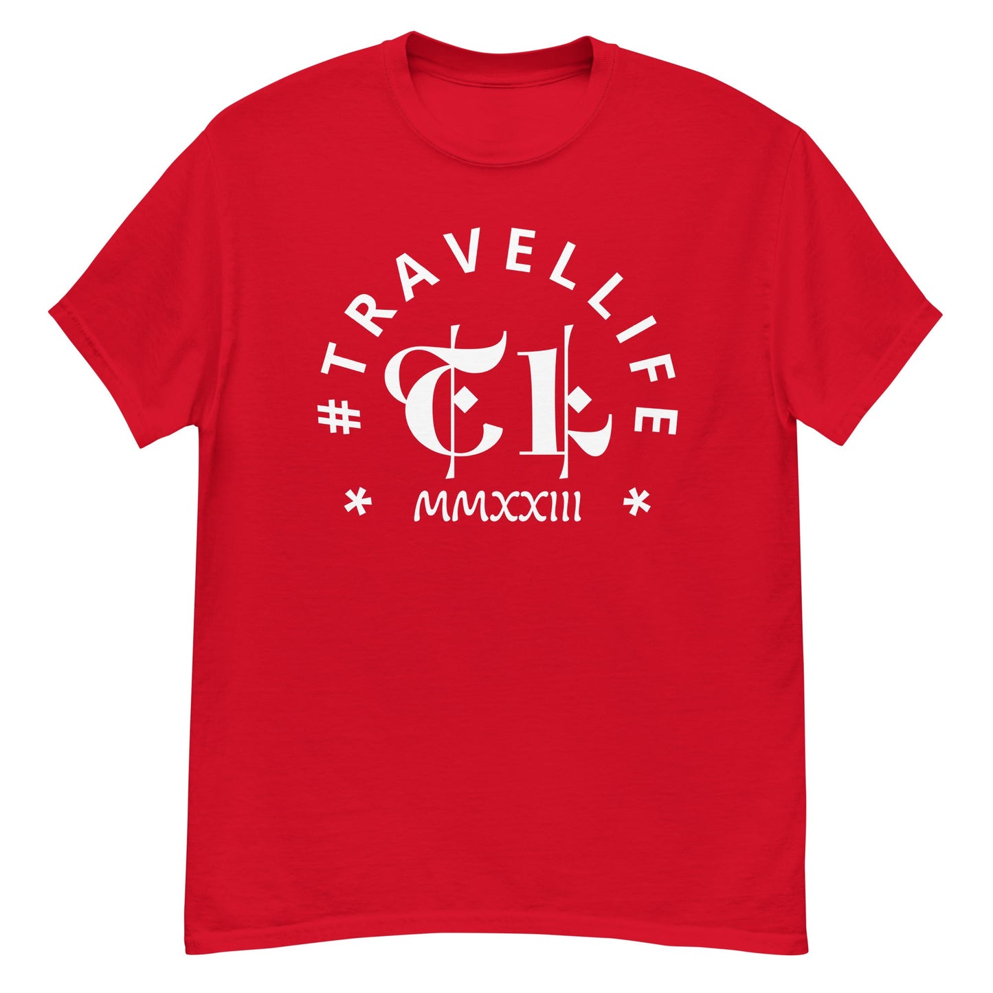 #Travellife Arc TL Logo Roman 2023 Men's Classic Tee White Text 2X+