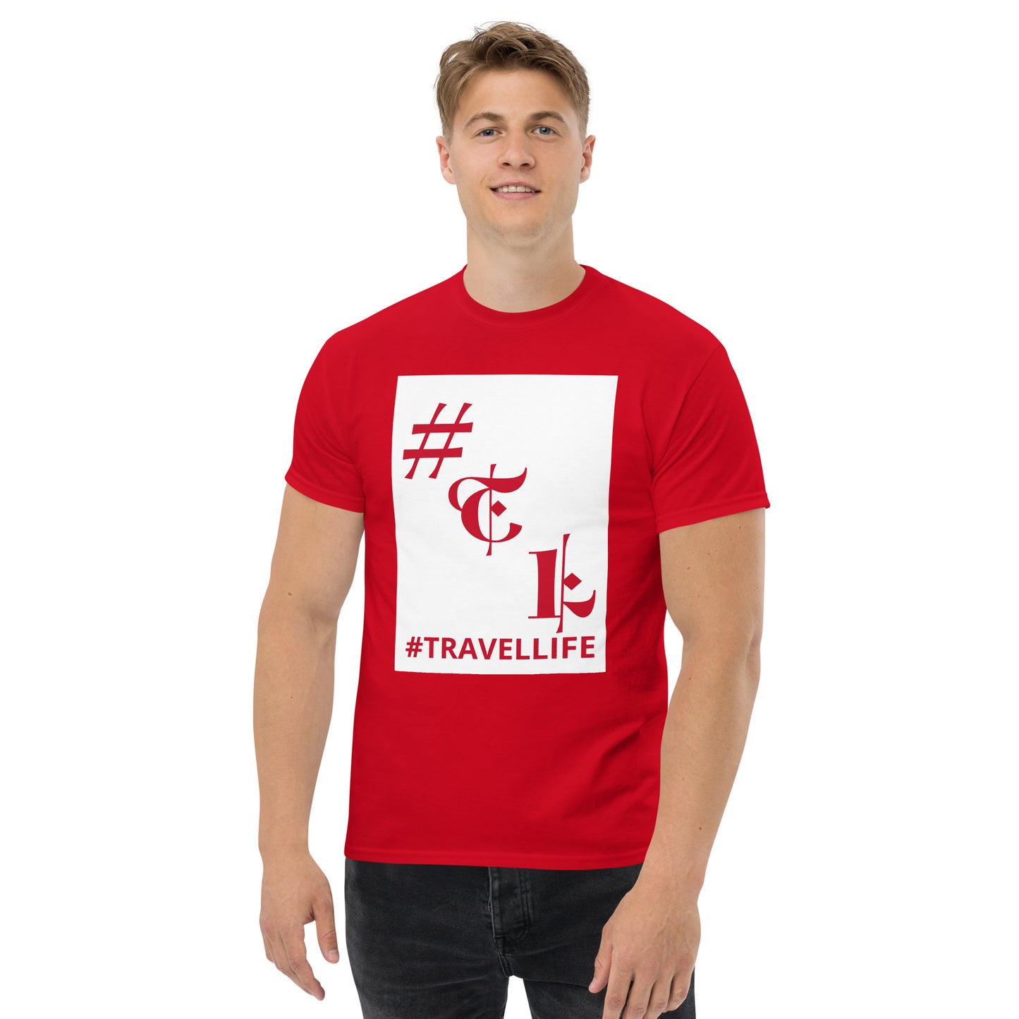 White Background #TL Logo Red Men's Classic Tee Red Text