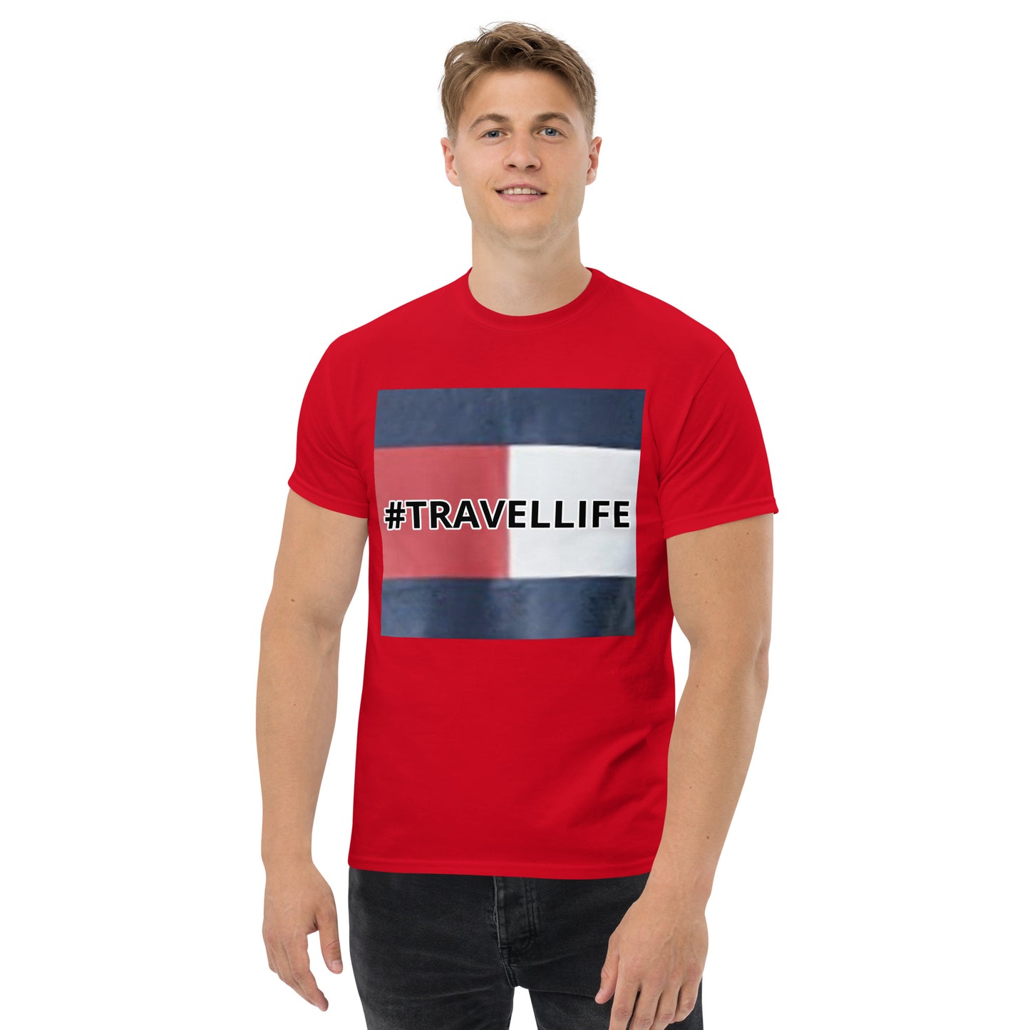 #Travellife Banner Red Men's Classic Tee Navy Text