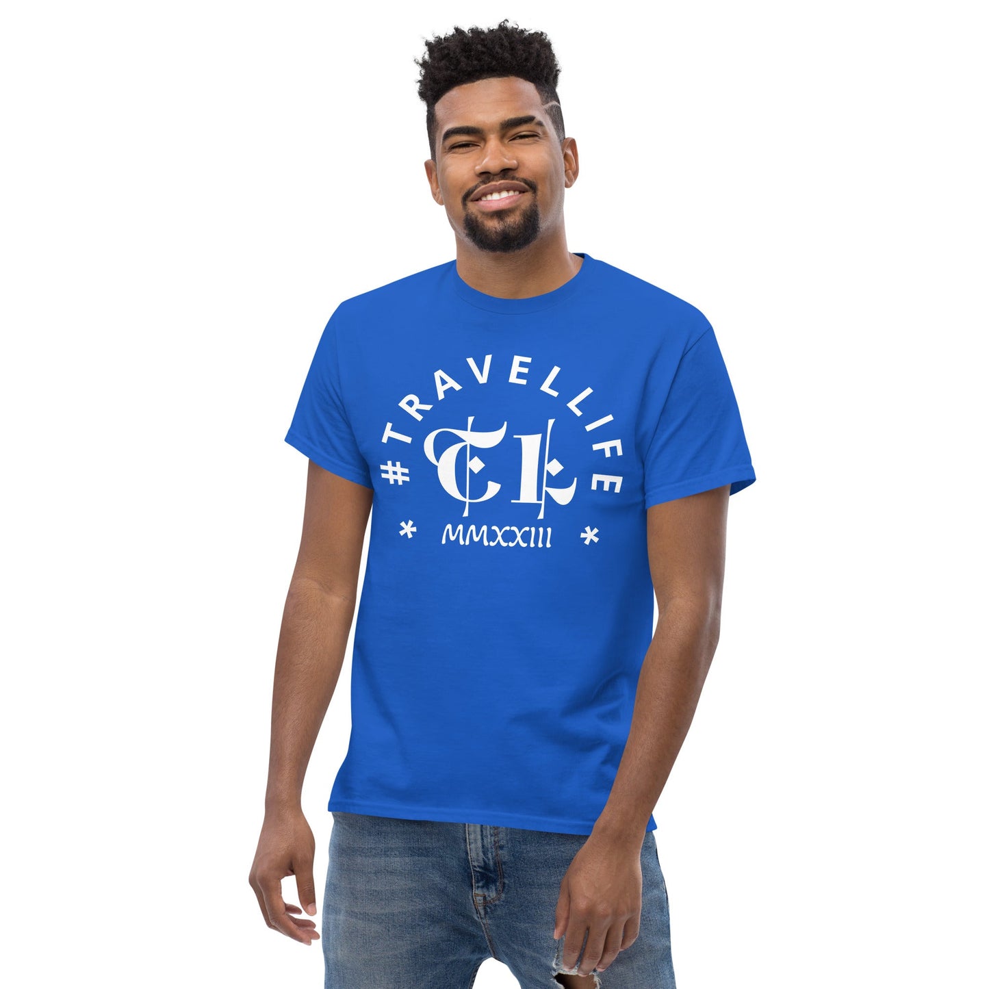 #Travellife Arc TL Logo Roman 2023 Men's Classic Tee White Text 2X+