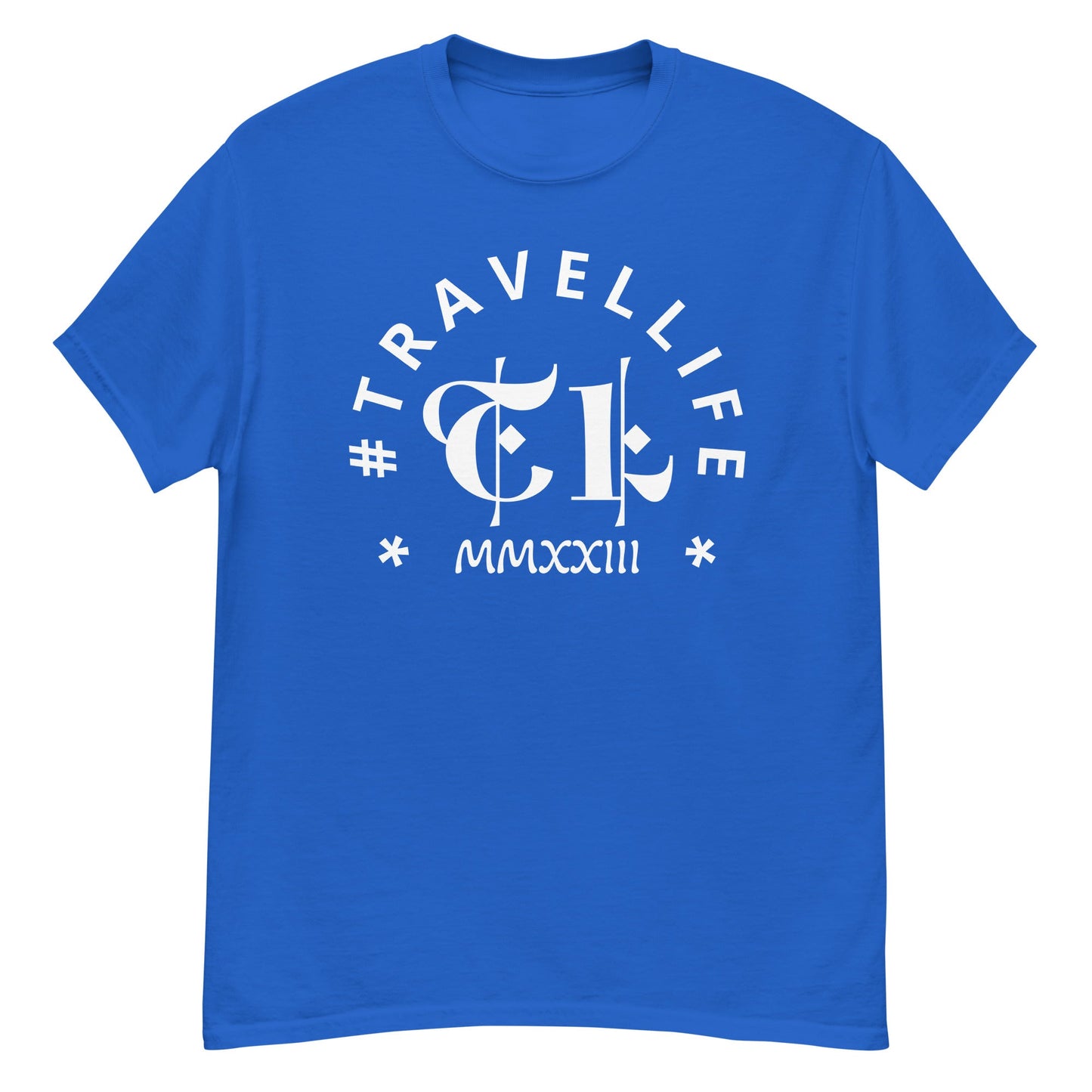 #Travellife Arc TL Logo Roman 2023 Men's Classic Tee White Text 2X+