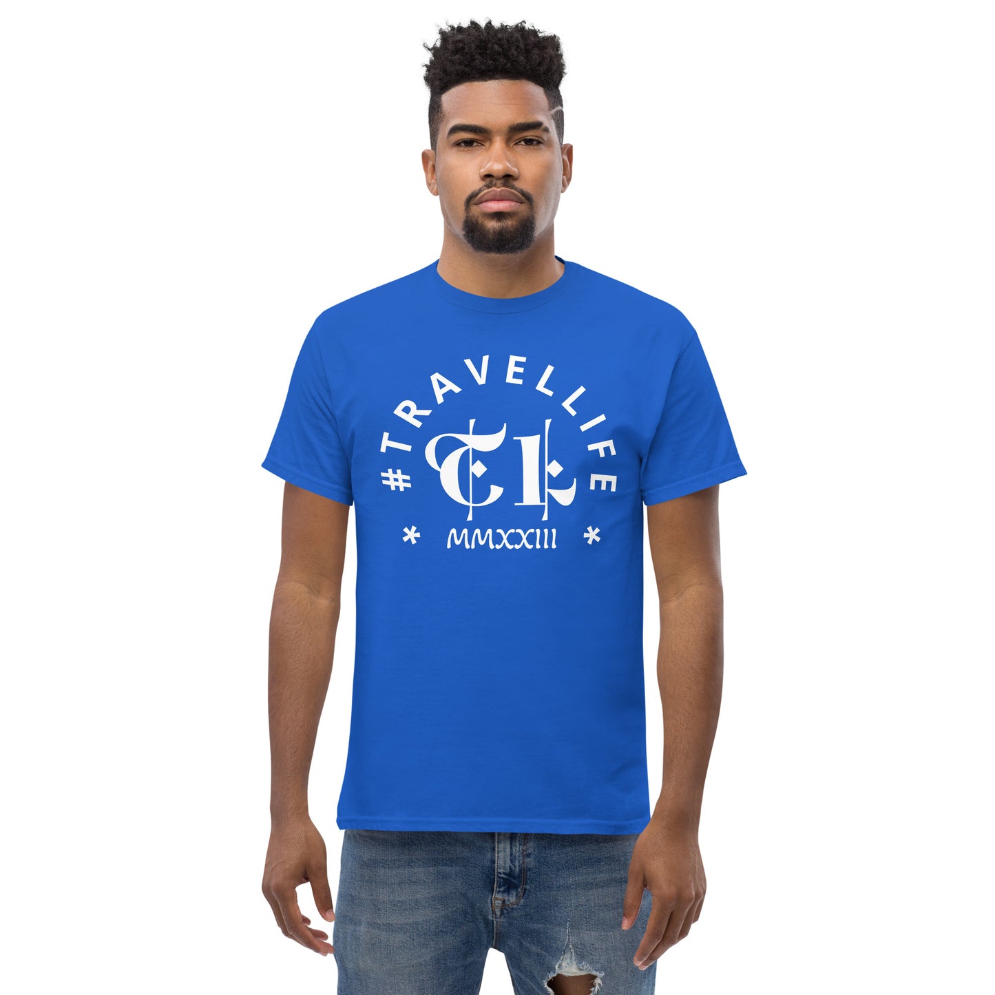 #Travellife Arc TL Logo Roman 2023 Men's Classic Tee White Text