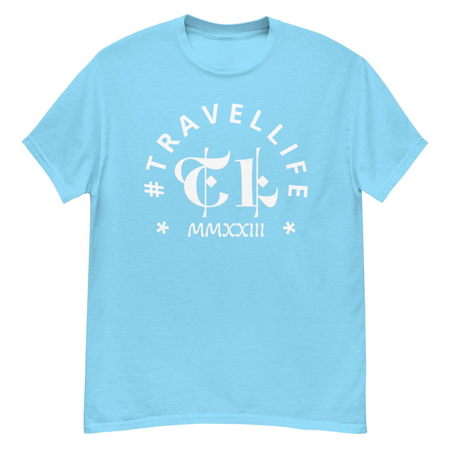 #Travellife Arc TL Logo Roman 2023 Men's Classic Tee White Text 2X+