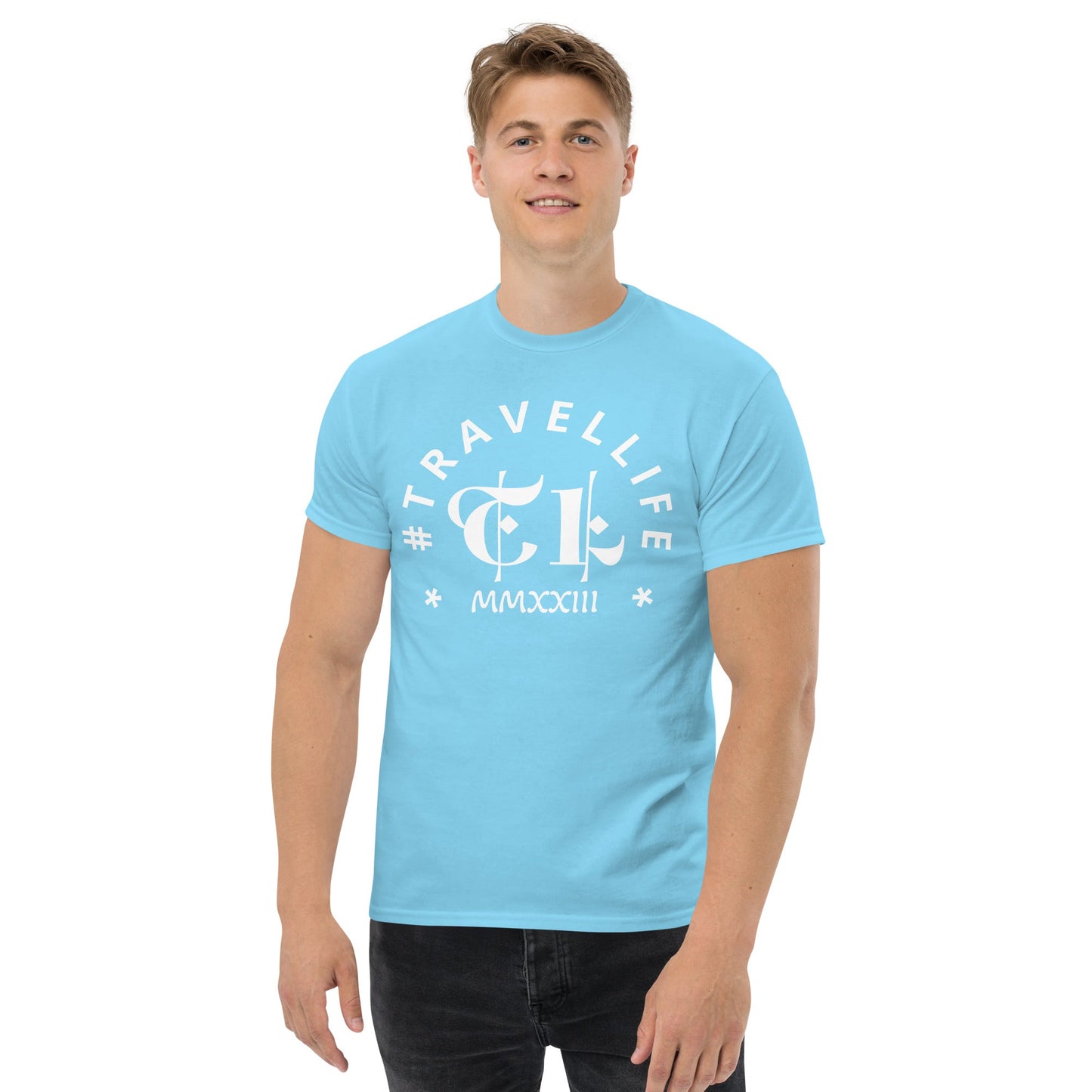 #Travellife Arc TL Logo Roman 2023 Men's Classic Tee White Text 2X+