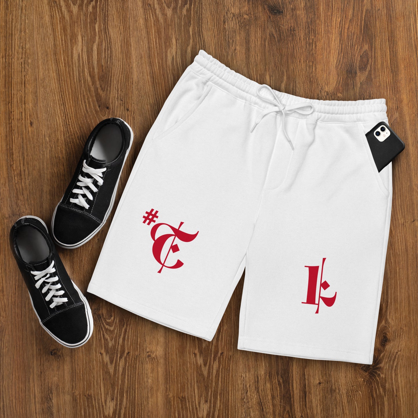 Men's White Fleece Shorts Red #TL