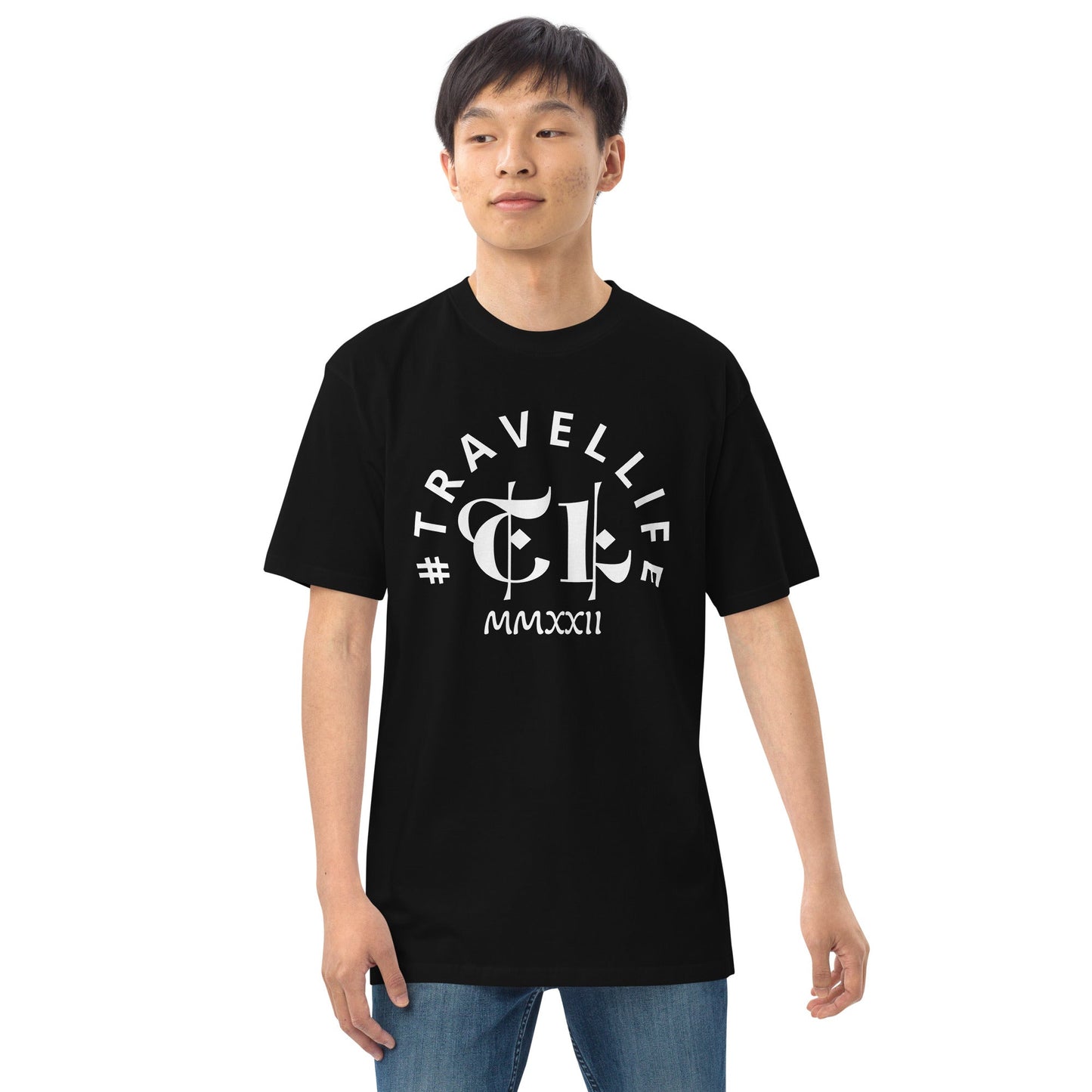 #Travellife Arc TL Logo Roman 2023 Men’s Premium Heavyweight Tee White Text 2X+