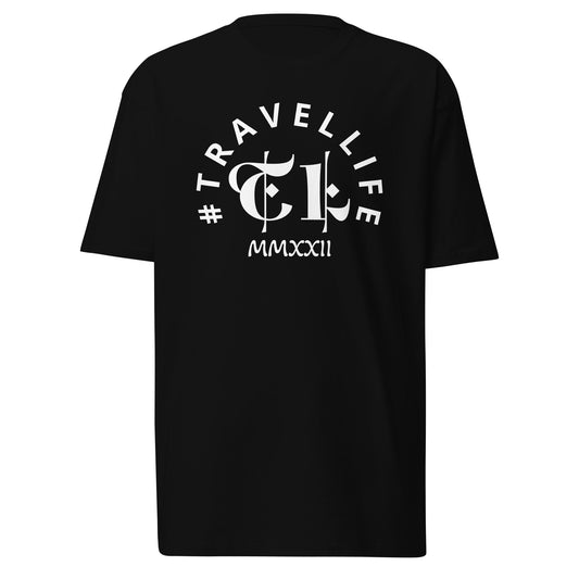 #Travellife Arc TL Logo Roman 2023 Men’s Premium Heavyweight Tee White Text 2X+