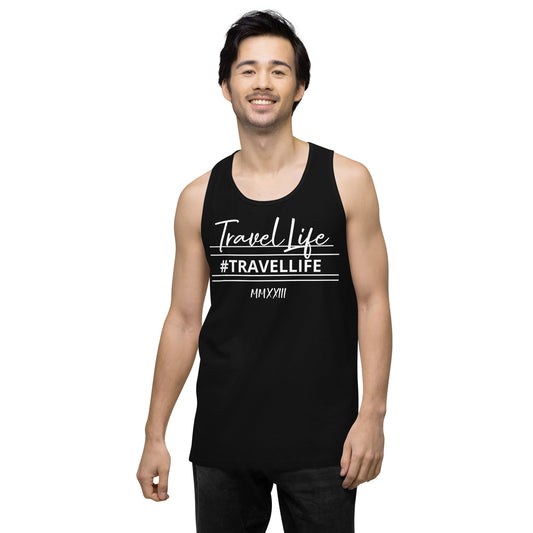 #Travellife Signature Roman 2023 Men’s Premium Tank Top White Text 2X+