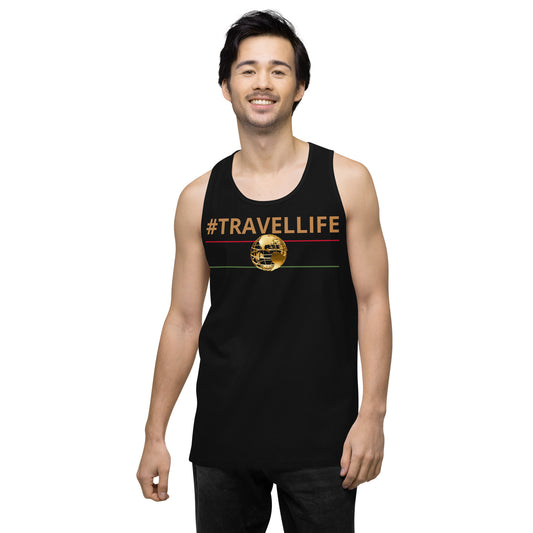 #Travellife World Black Men’s Premium Tank Top Gold Text