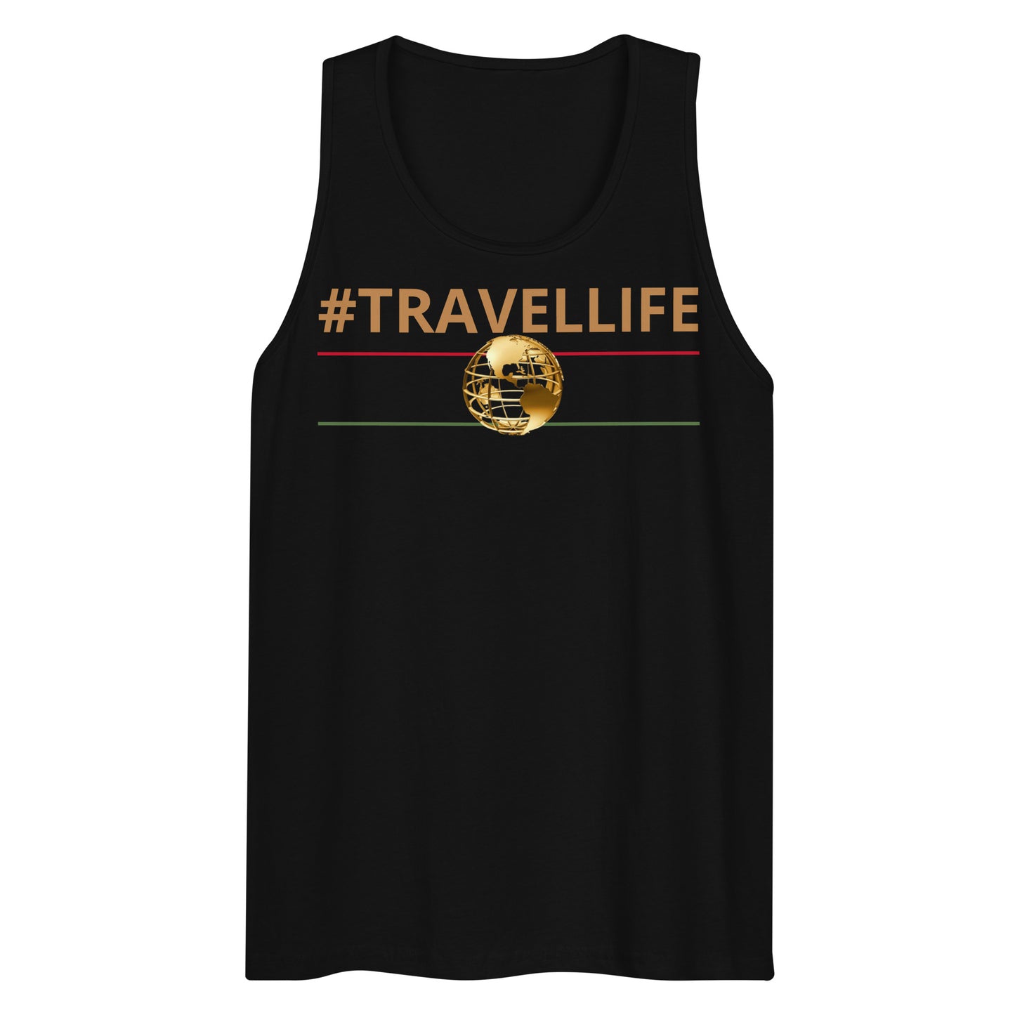 #Travellife World Black Men’s Premium Tank Top Gold Text