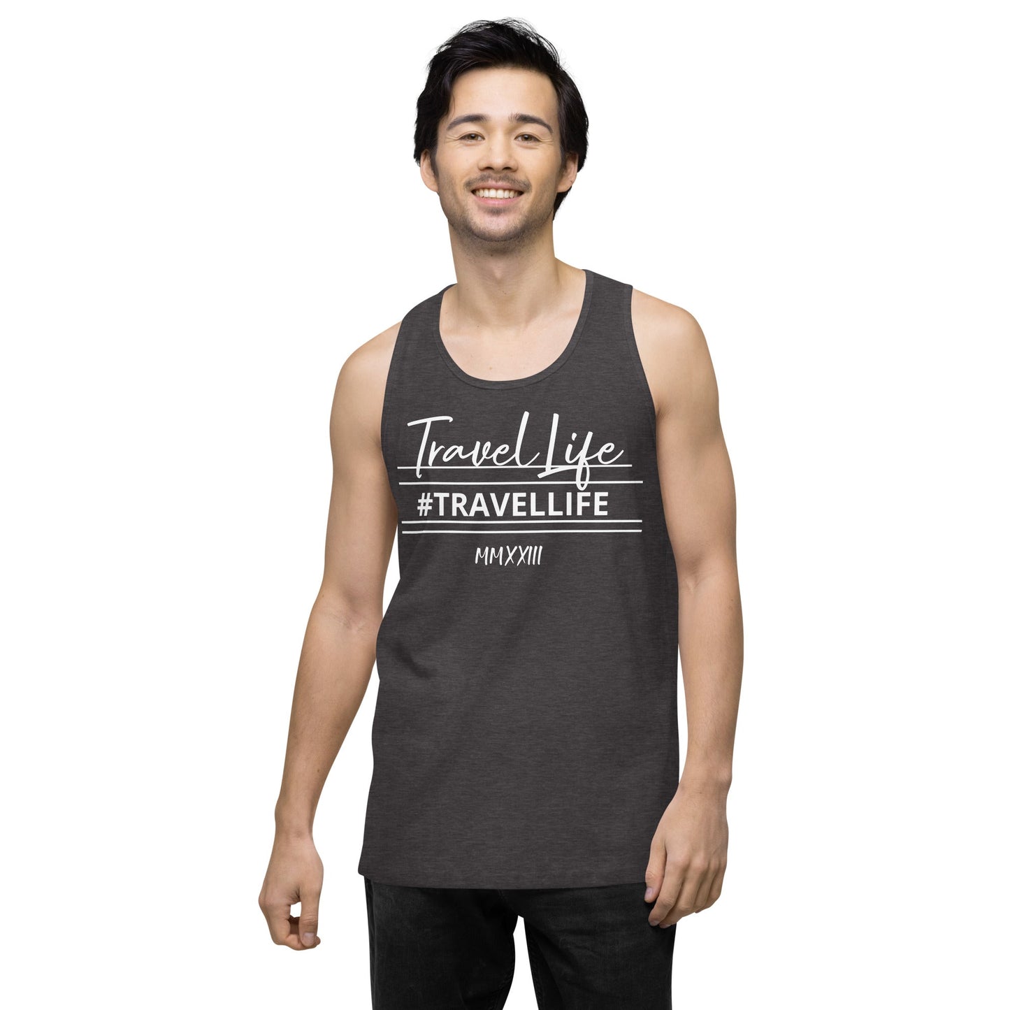 #Travellife Signature Roman 2023 Men’s Premium Tank Top White Text 2X+