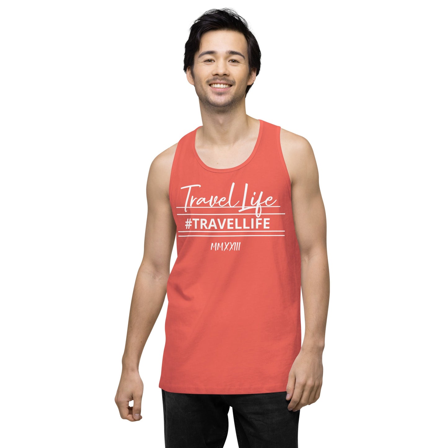 #Travellife Signature Roman 2023 Men’s Premium Tank Top White Text 2X+