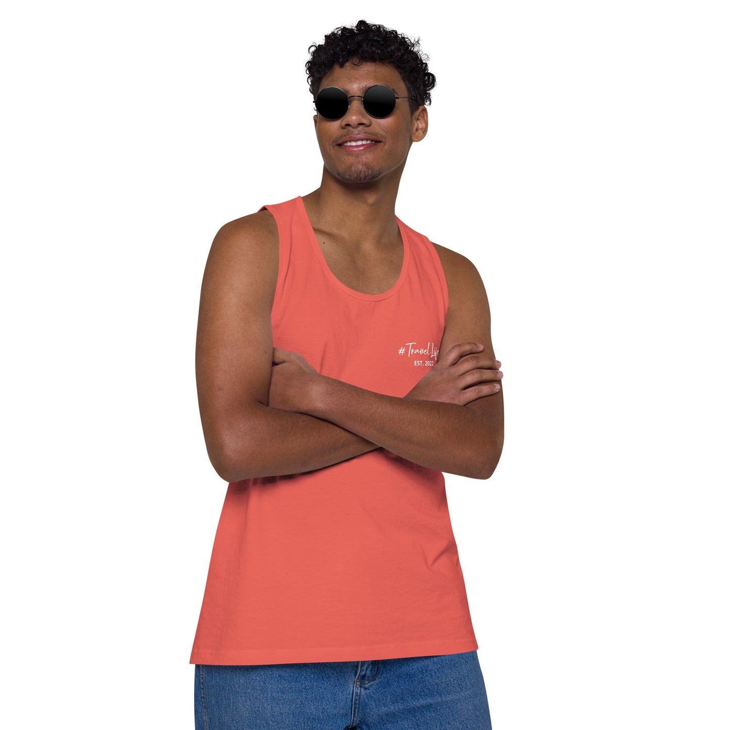 #Travellife Signature Est. 2022 Men’s Premium Tank Top White Text 2X+