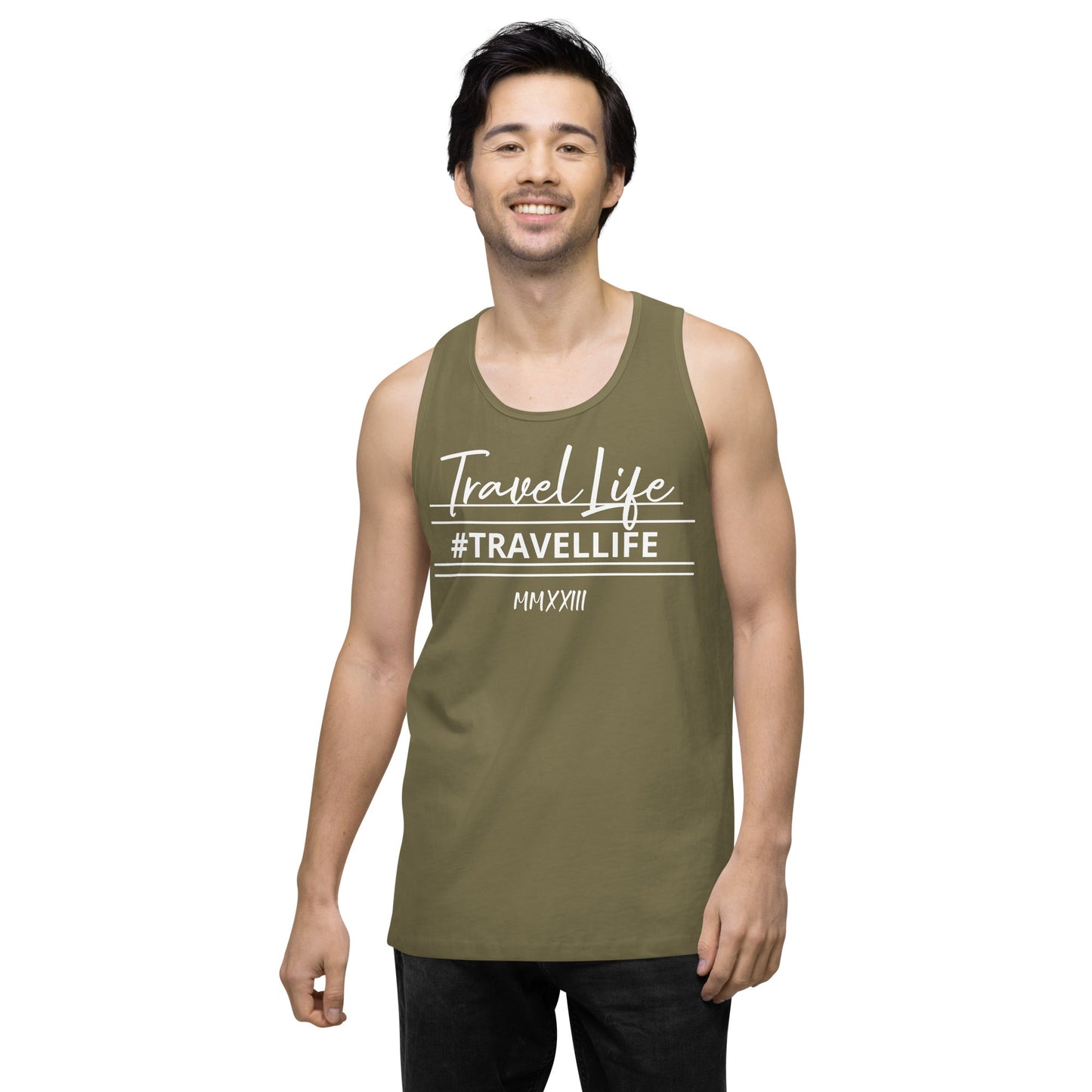 #Travellife Signature Roman 2023 Men’s Premium Tank Top White Text 2X+