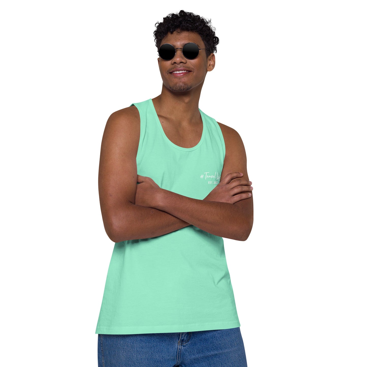 #Travellife Signature Est. 2022 Men’s Premium Tank Top White Text 2X+