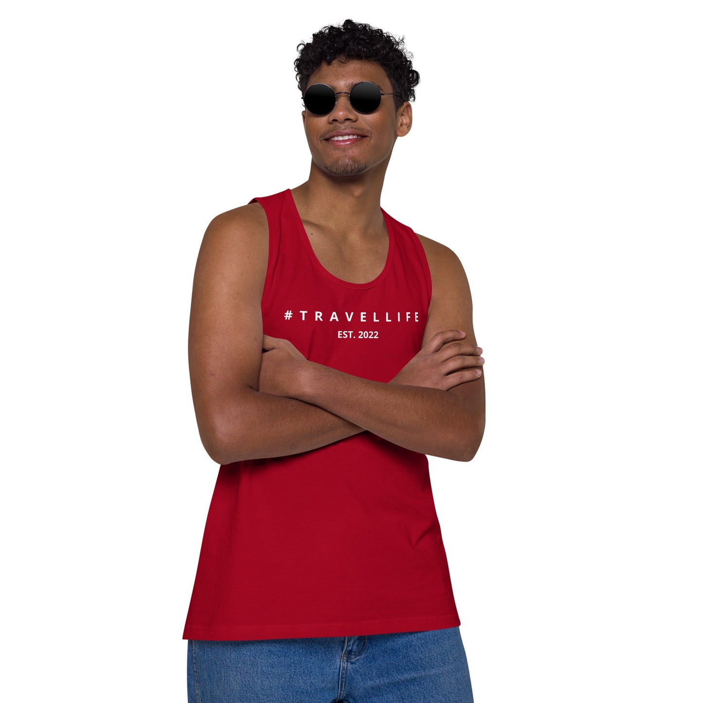 #Travellife Est. 2022 Men’s Premium Tank Top White Text 2X+