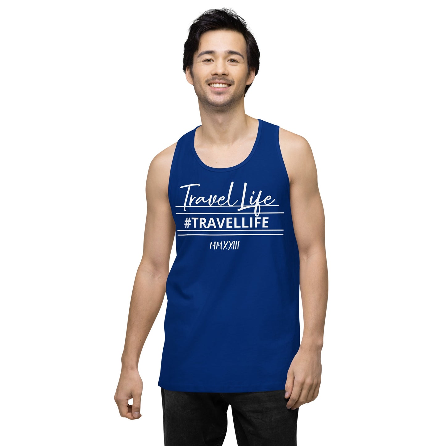 #Travellife Signature Roman 2023 Men’s Premium Tank Top White Text 2X+